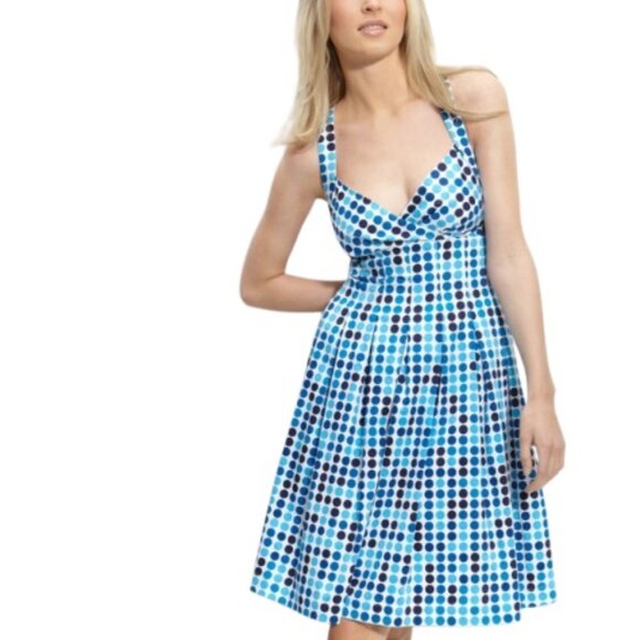 Calvin Klein Womens Pleated Fit and Flare Dress Blue Polka Dot Cotton XS - Picture 1 of 3